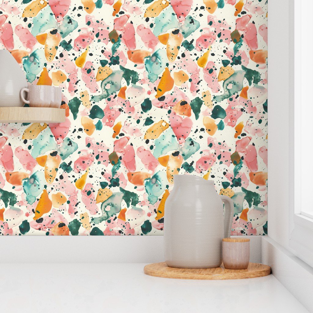 Orange Rose and Aqua Watercolor Terrazzo Splashes Wallpaper
