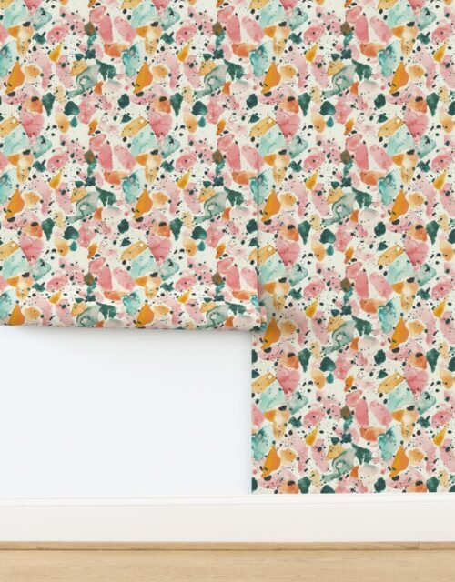 Orange Rose and Aqua Watercolor Terrazzo Splashes Wallpaper