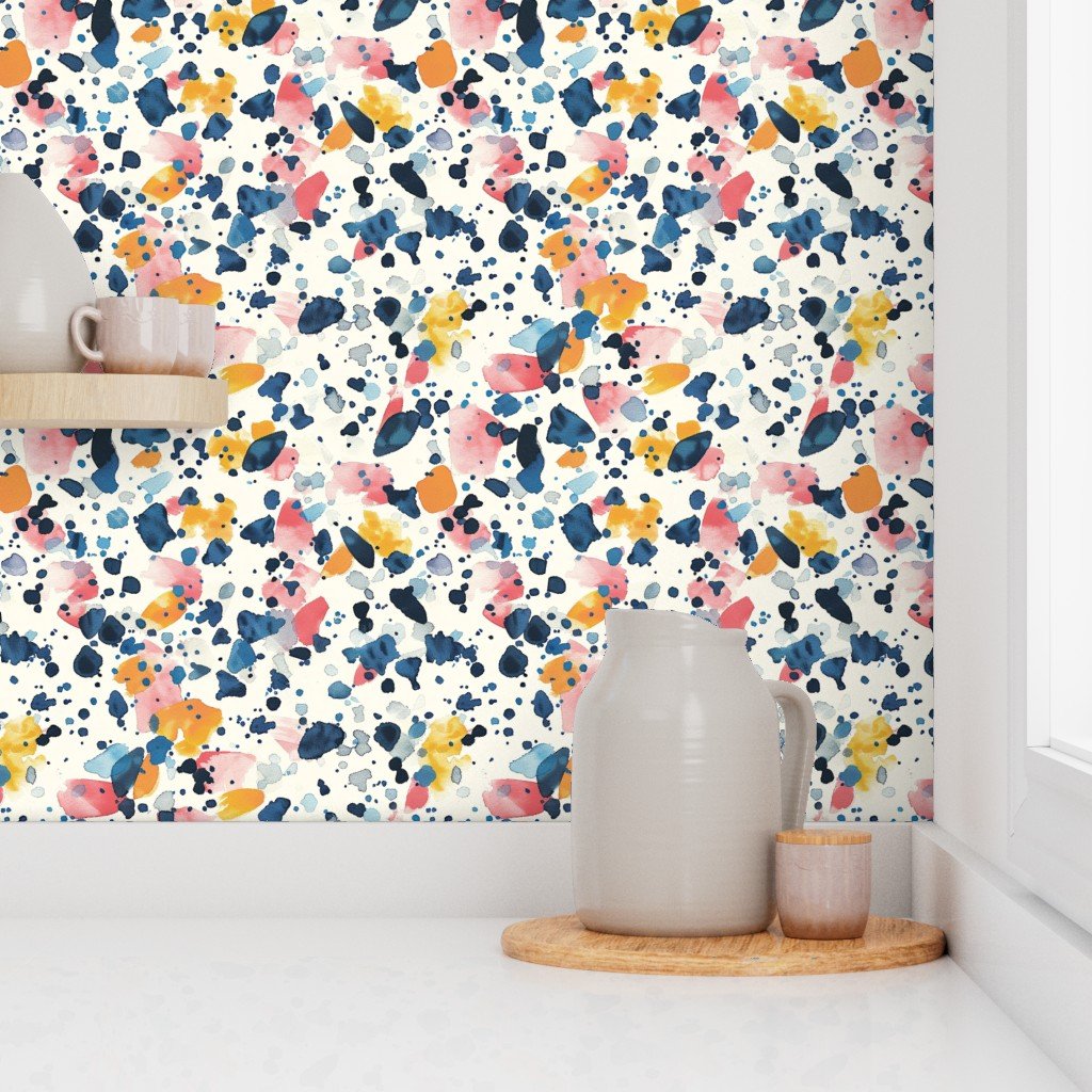 Navy and Orange Watercolor Terrazzo Splashes Wallpaper