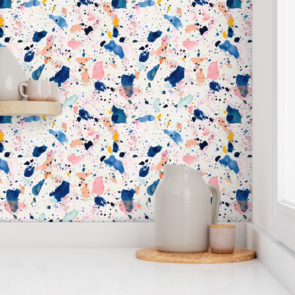 Blue Tones Watercolor Terrazzo Splashes Wallpaper
