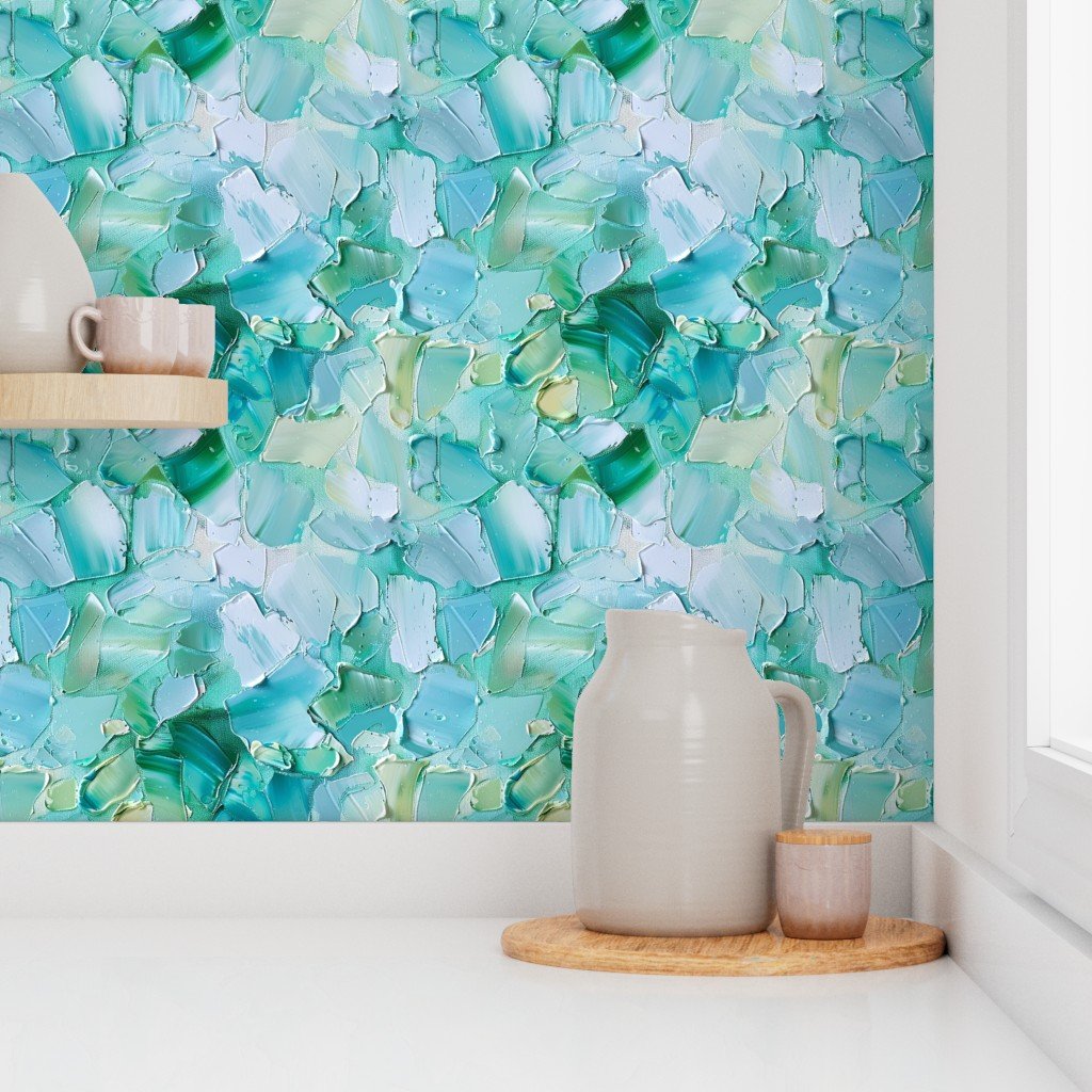 Splothched Palette Knife Oil Paint in Blue and Green Wallpaper