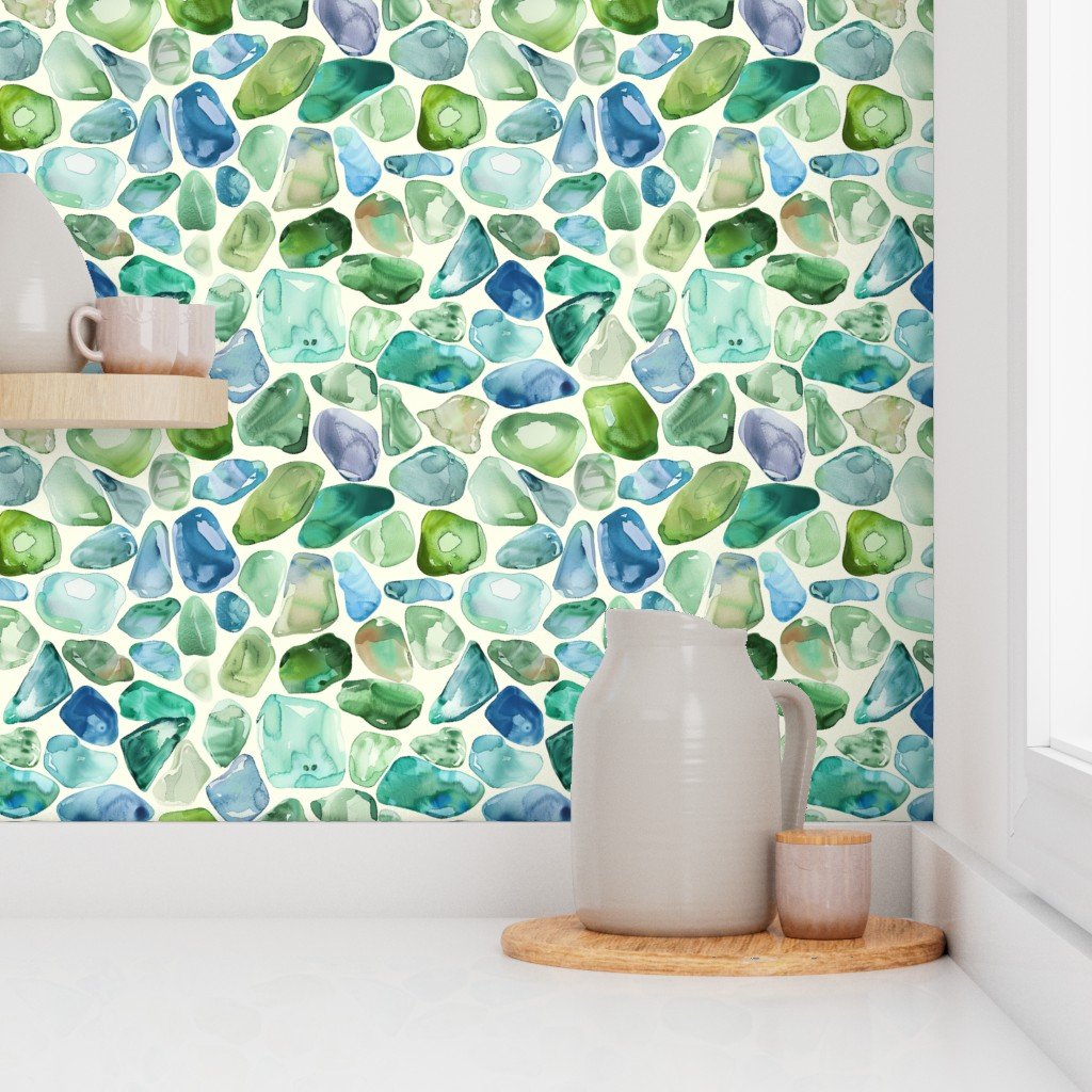 Blue and Green Shards of Tumbled and Scattered Watercolor Seaglass Wallpaper
