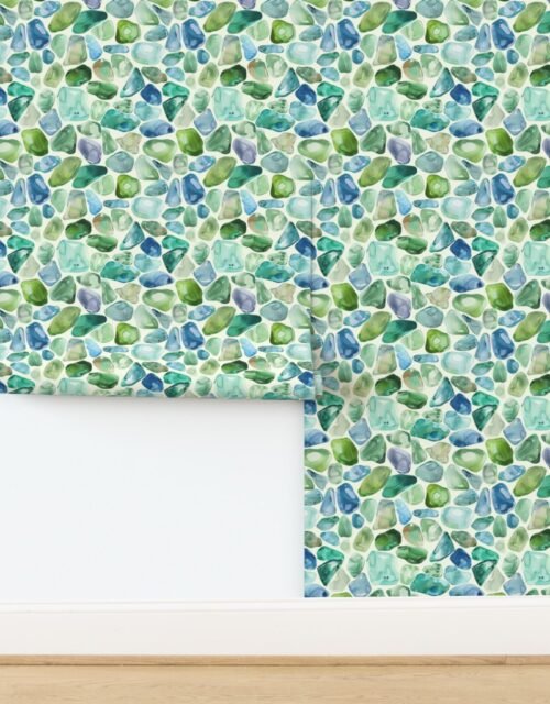 Blue and Green Shards of Tumbled and Scattered Watercolor Seaglass Wallpaper