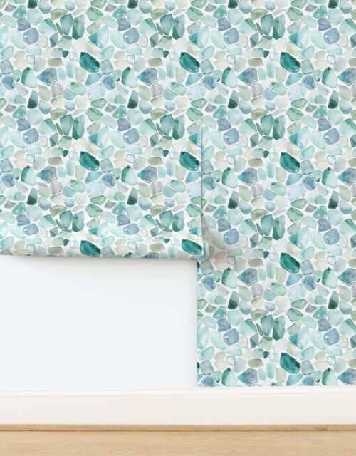 Blue and Aqua Shards of Tumbled and Scattered Watercolor Seaglass Wallpaper