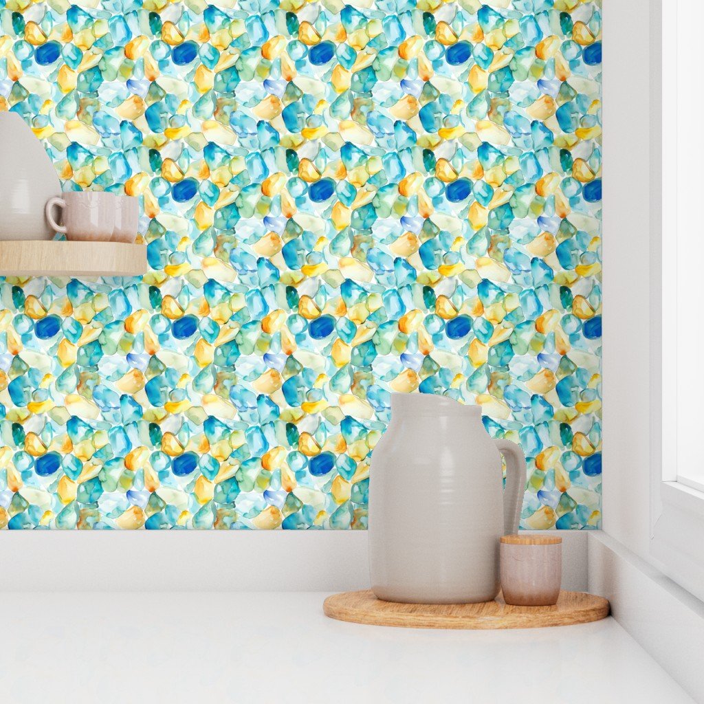 Blue and Amber Shards of Tumbled and Scattered Watercolor Seaglass Wallpaper