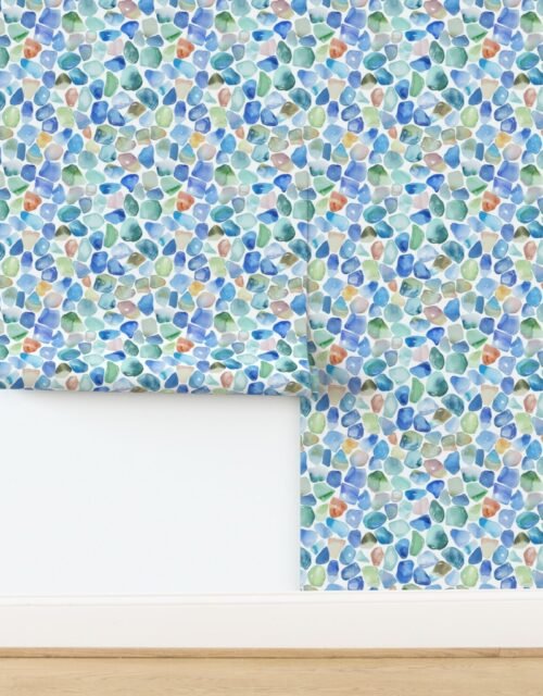 Blue Toned Shards of Tumbled and Scattered Watercolor Seaglass Wallpaper