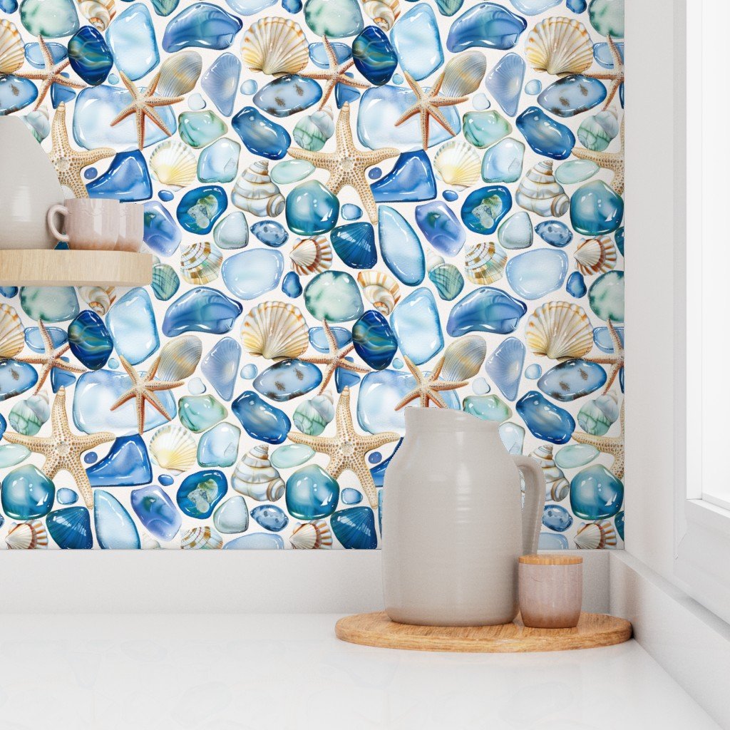 Blue and Sand Seashells and Shards of Tumbled and Scattered Watercolor Wallpaper