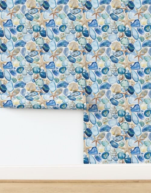 Blue and Sand Seashells and Shards of Tumbled and Scattered Watercolor Wallpaper