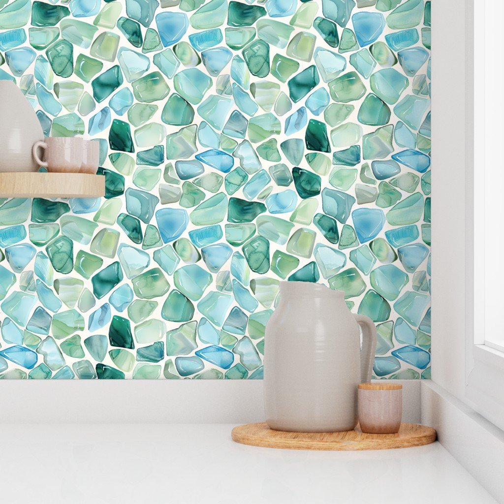 Blue and Aqua Shards of Tumbled and Scattered Watercolor Seaglass Wallpaper
