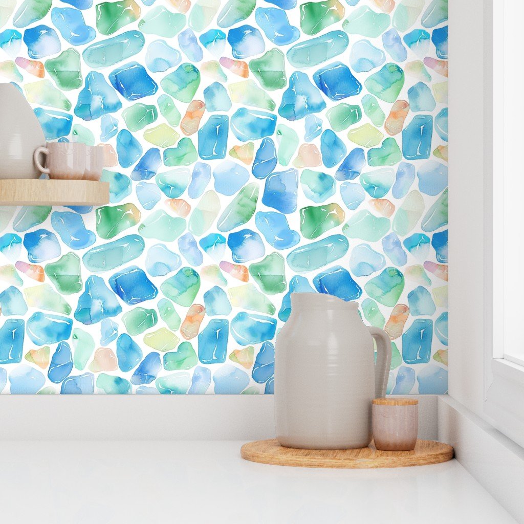 Blue and Green Shards of Tumbled and Scattered Watercolor Seaglass Wallpaper