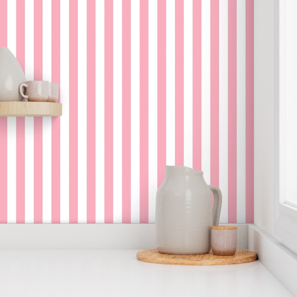 1 Inch Bubble Gum and White Vertical Beach Hut Stripe Wallpaper