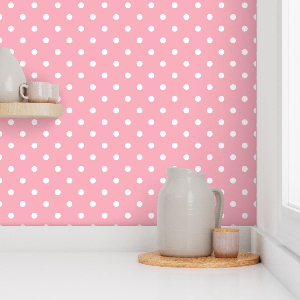 White Polka Dots on Bubble Gum Pink Wallpaper