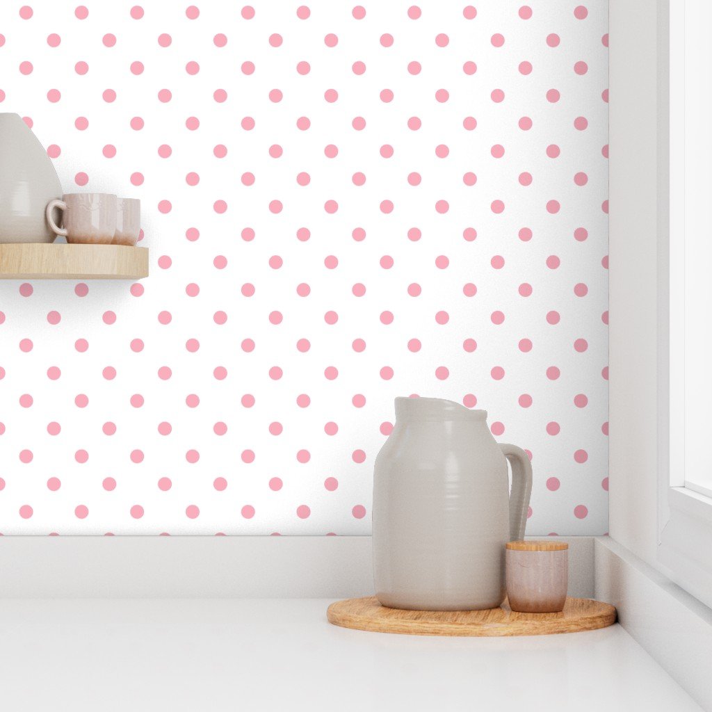 Bubble Gum Pink Polka Dots on White Wallpaper