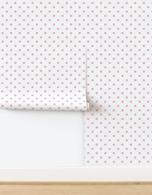 Bubble Gum Pink Polka Dots on White Wallpaper