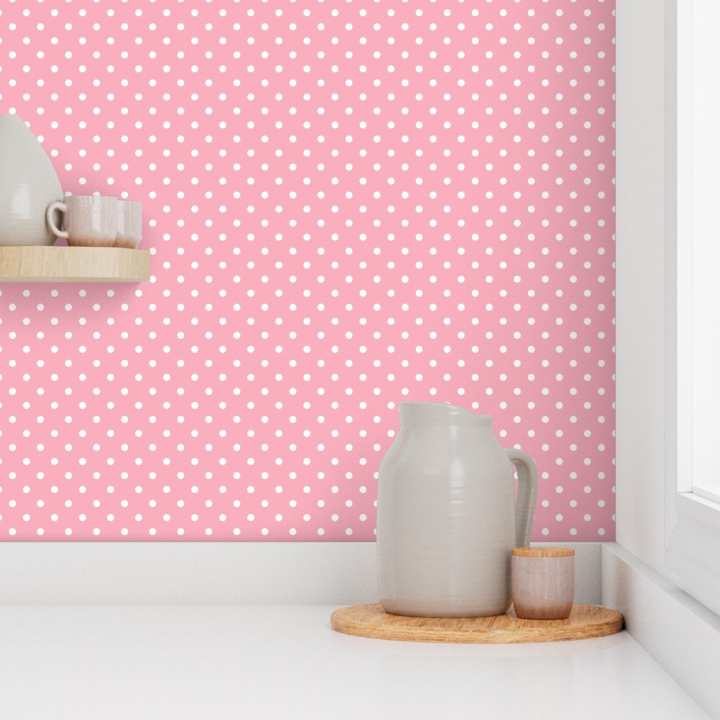 Small White Polka Dots on Bubble Gum Pink Wallpaper
