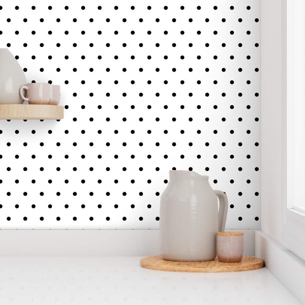 Black Polka Dots on White Medium Diagonal Diamond Pattern Wallpaper