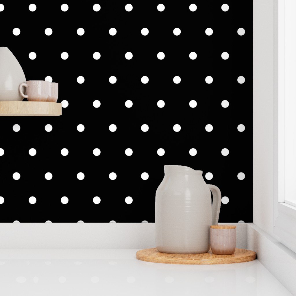 Large White Polka Dots on Black Diagonal Diamond Pattern Wallpaper