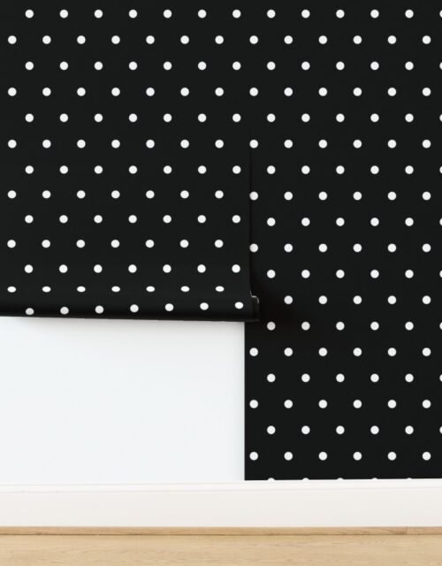 Large White Polka Dots on Black Diagonal Diamond Pattern Wallpaper