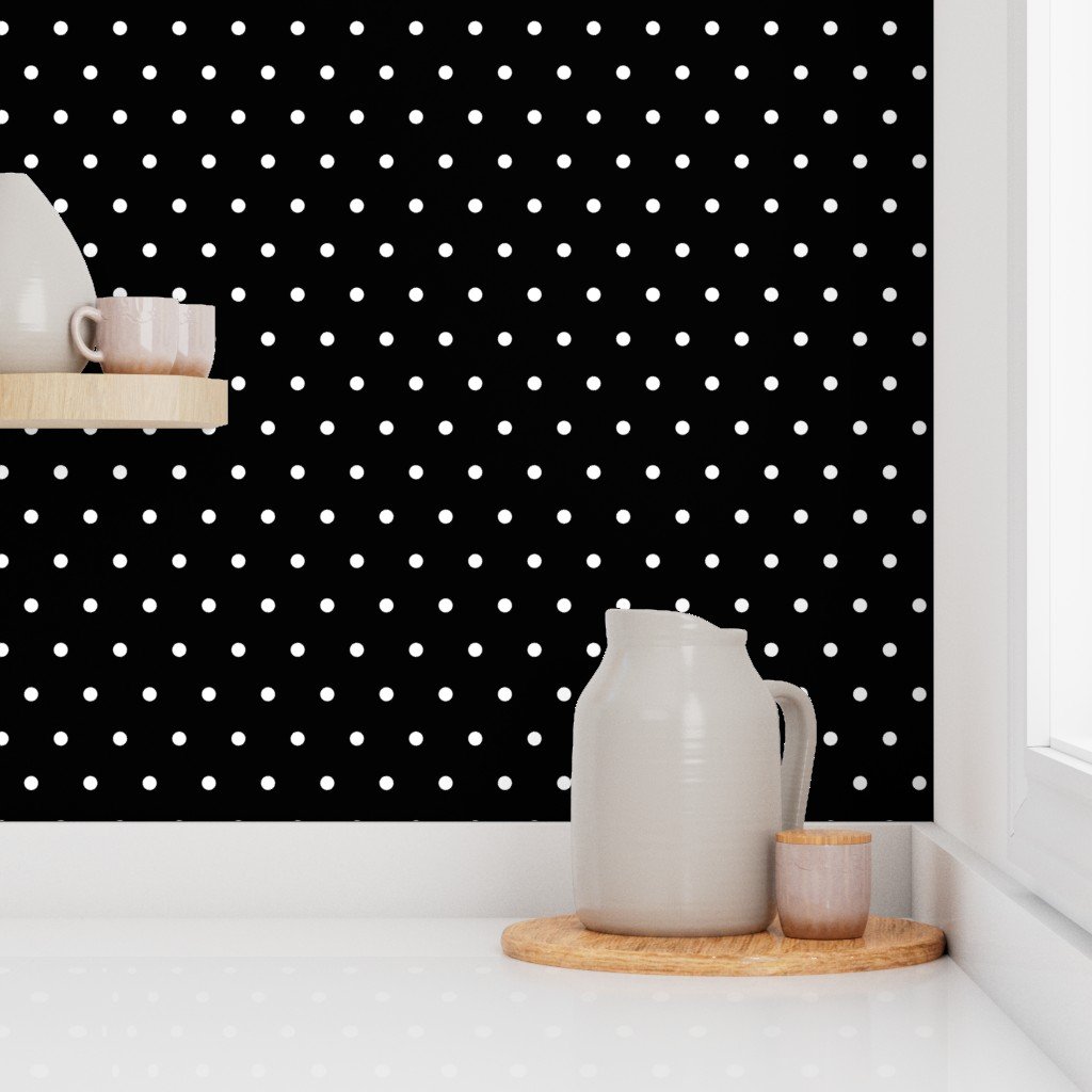 Medium White Polka Dots on Black Diagonal Diamond Pattern Wallpaper