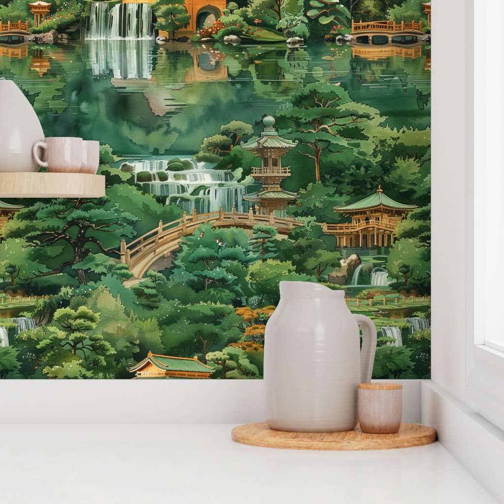 Nature’s Symphony Cascading Waterfalls in a Japanese Sanctuary Wallpaper