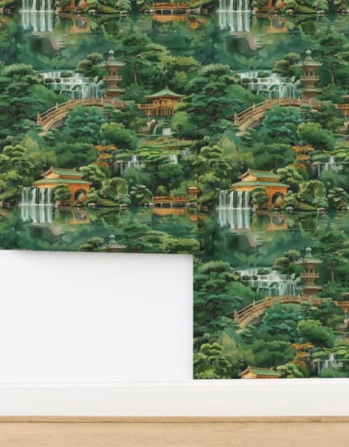 Nature's Symphony Cascading Waterfalls in a Japanese Sanctuary Wallpaper