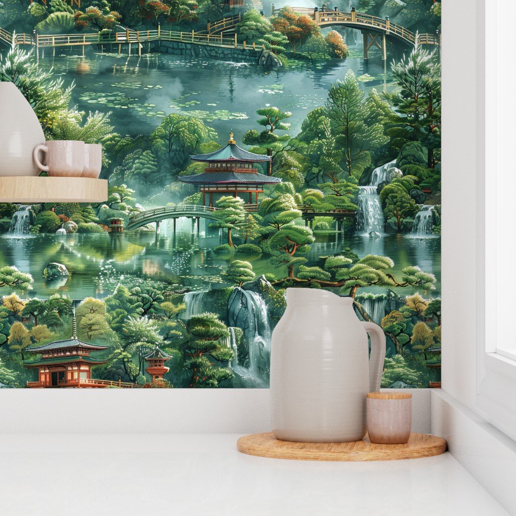Peaceful Retreat Lush Japanese Garden with Waterfalls Wallpaper