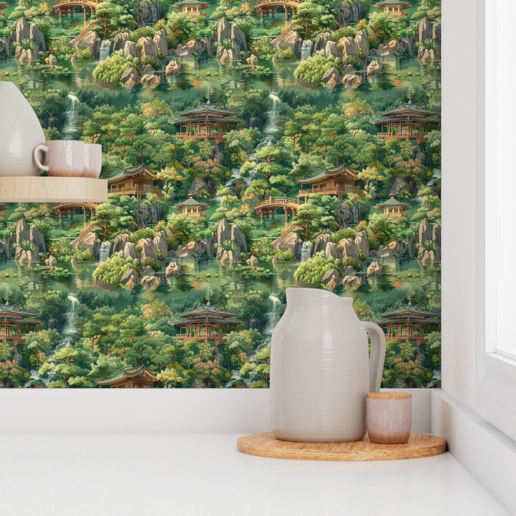 Zen Garden Haven Waterfalls Amidst Verdant Greenery Wallpaper