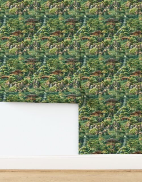 Zen Garden Haven Waterfalls Amidst Verdant Greenery Wallpaper