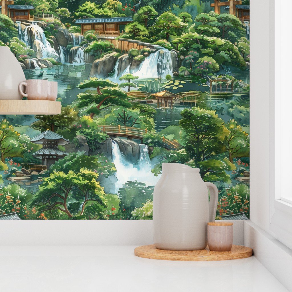 Whispers of Water A Japanese Garden with Serene Falls Wallpaper