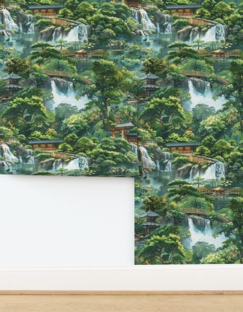 Whispers of Water A Japanese Garden with Serene Falls Wallpaper