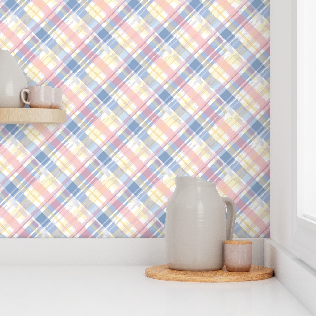 Faded Madras Diagonal Plaid in Pink Blue and Cream Wallpaper