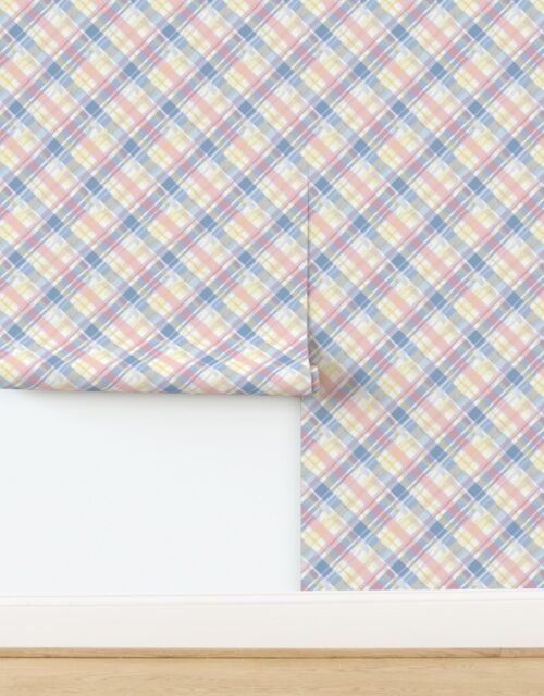 Faded Madras Diagonal Plaid in Pink Blue and Cream Wallpaper