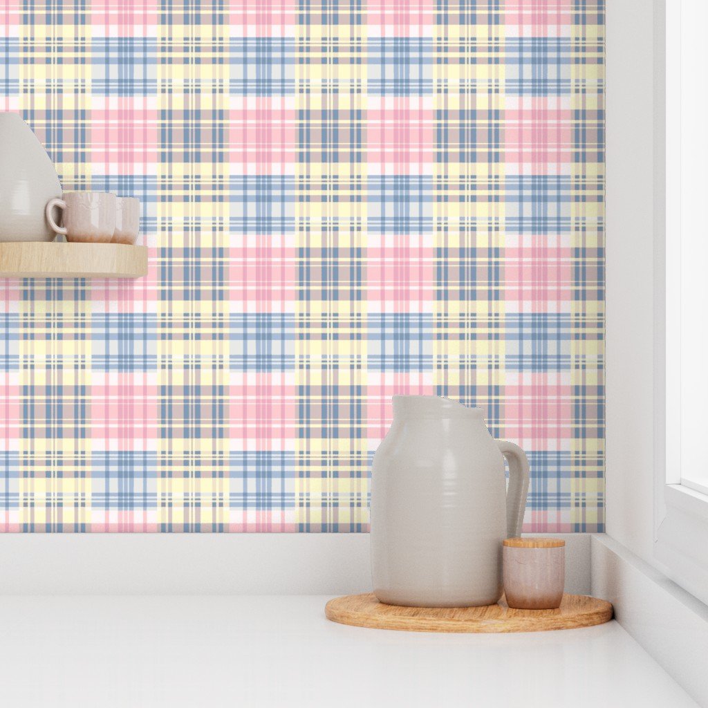 Faded Madras Plaid in Pink Blue and Cream Wallpaper