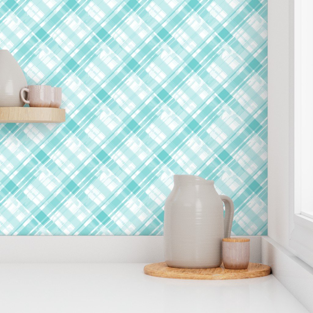 Faded Madras Diagonal Plaid in Aqua Wallpaper
