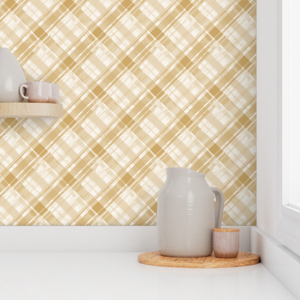 Faded Madras Diagonal Plaid in Beige Wallpaper