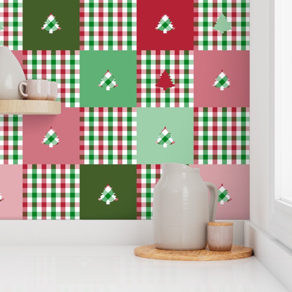 Christmas Gingham Motif Cheater Quilt Wallpaper