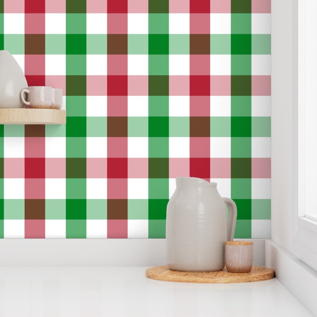Large Red Green and White Christmas Gingham Plaid Wallpaper