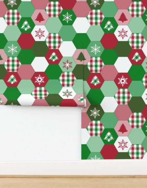 Hexagonal Christmas Gingham Motif Cheater Quilt Wallpaper