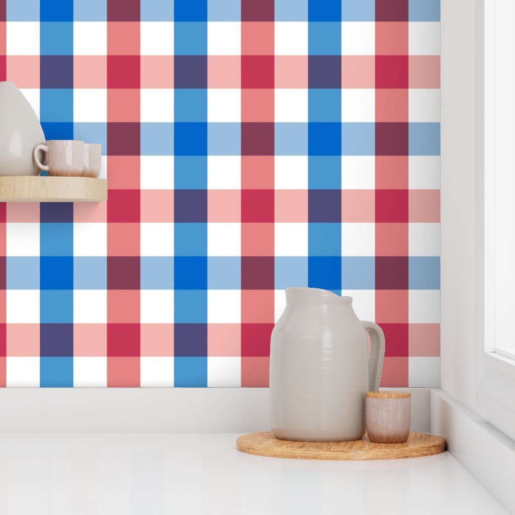 Large USA Gingham Check Pattern with Red White and Blue Accents Wallpaper