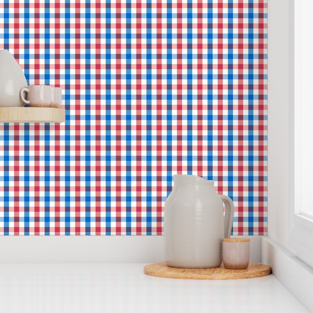 USA Gingham Check Pattern with Red White and Blue Accents Wallpaper
