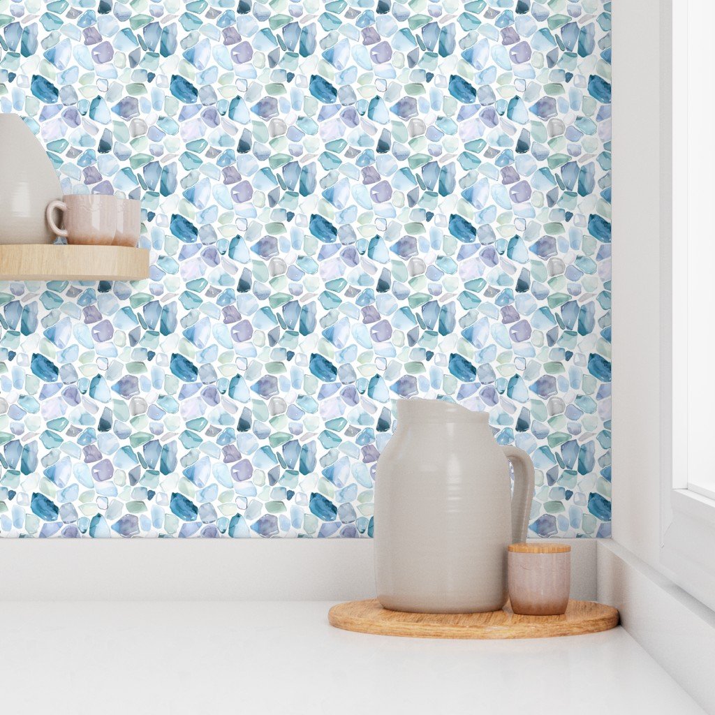 Small Blue and Lilac Shards of Tumbled and Scattered Watercolor Seaglass Wallpaper