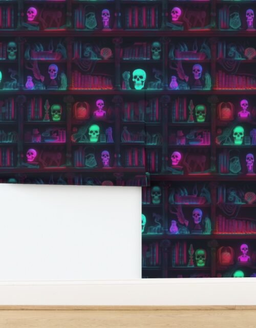 Spooky Photo realistic Dark Academia Bookshelves in Bright Red Neons with Wallpaper