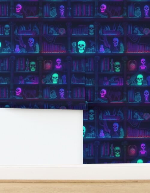 Spooky Photo realistic Dark Academia Bookshelves in Bright Blue Neons with Wallpaper