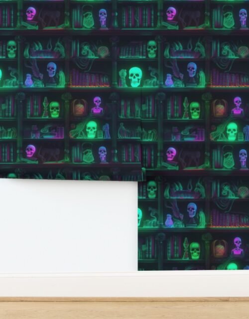 Spooky Photo realistic Dark Academia Bookshelves in Bright Green Neons with Wallpaper
