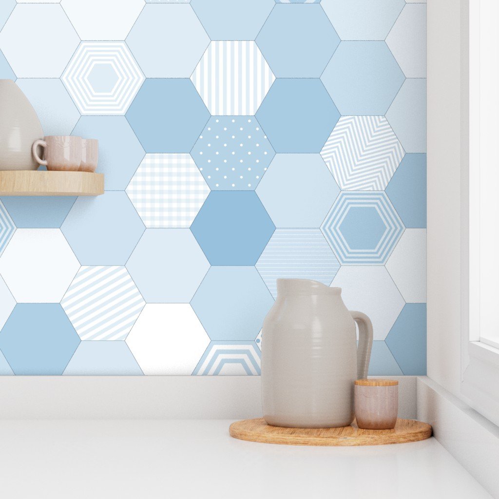 Large Hexagonal Blue Serenity Honeycomb Quilt Pattern Wallpaper