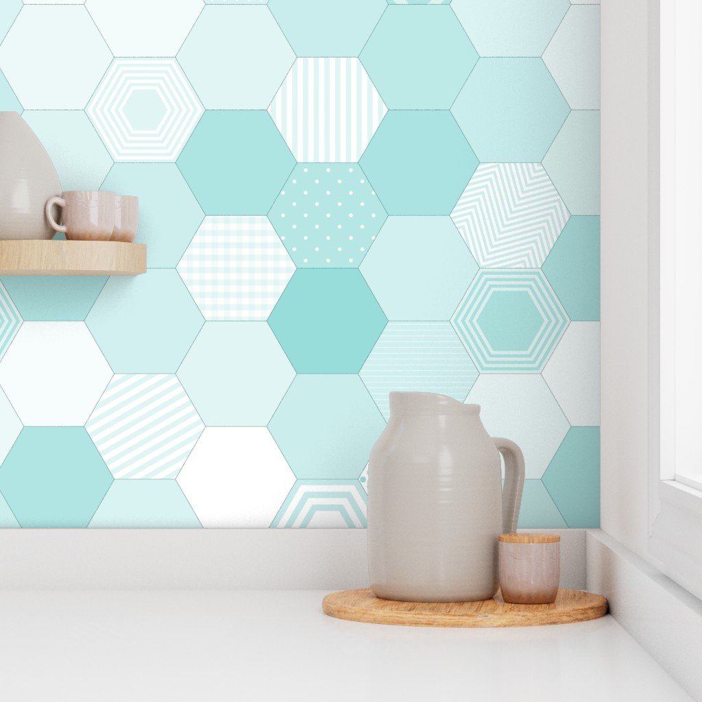 Large Hexagonal Aqua Teal Honeycomb Quilt Pattern Wallpaper