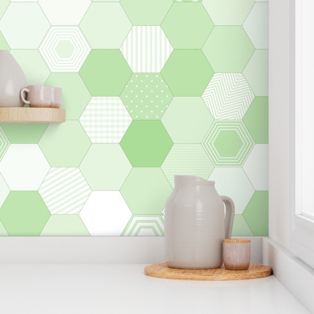 Large Hexagonal Green Freshness Honeycomb Quilt Pattern Wallpaper