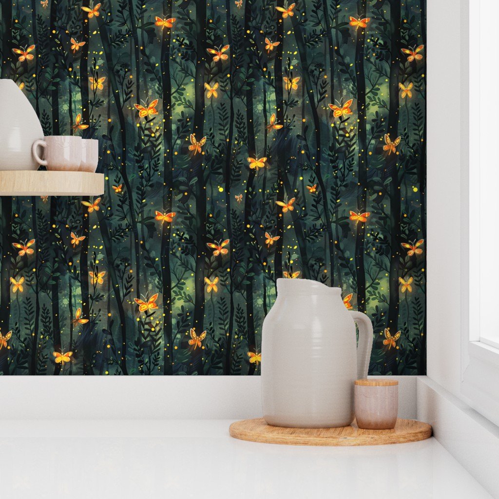 Enchanted Glow Fireflies in a Midnight Forest Wallpaper