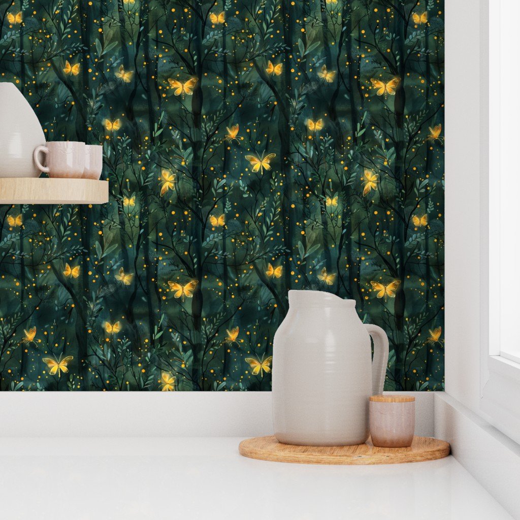 Fireflies and Butterflies in a Mystical Forest Wallpaper
