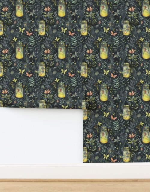 Fireflies and Fairies with Mason Jars in Enchanted Forest Wallpaper